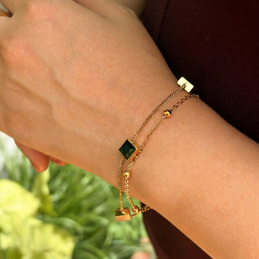 Emerald Rectangle Double Chain Bracelet - Image 2