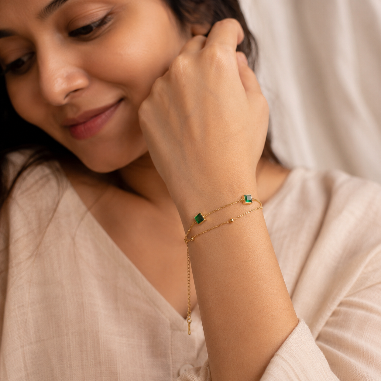 Emerald Rectangle Double Chain Bracelet