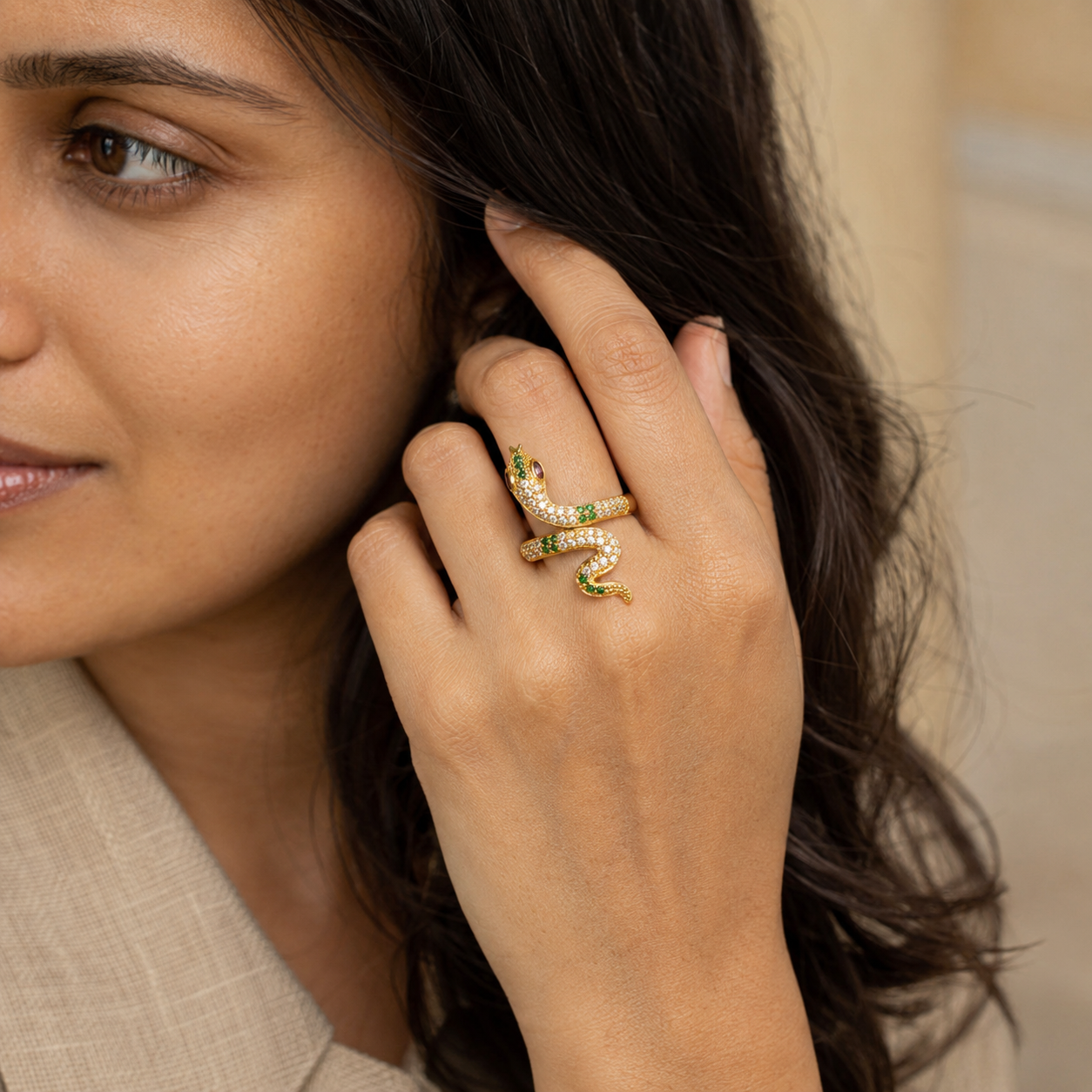 Gold Emerald Serpent Wrap Ring