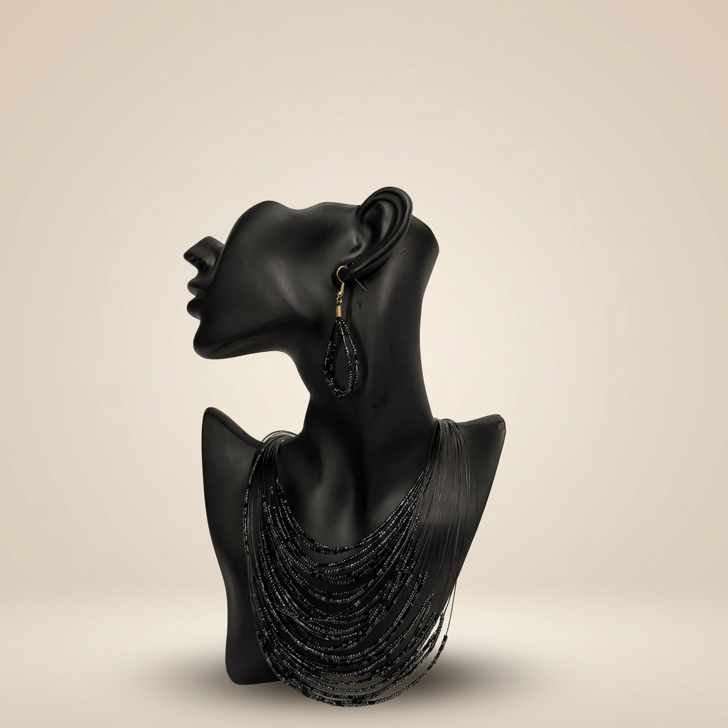 Black Seed Bead Cascade Necklace & Earring Set - Image 1