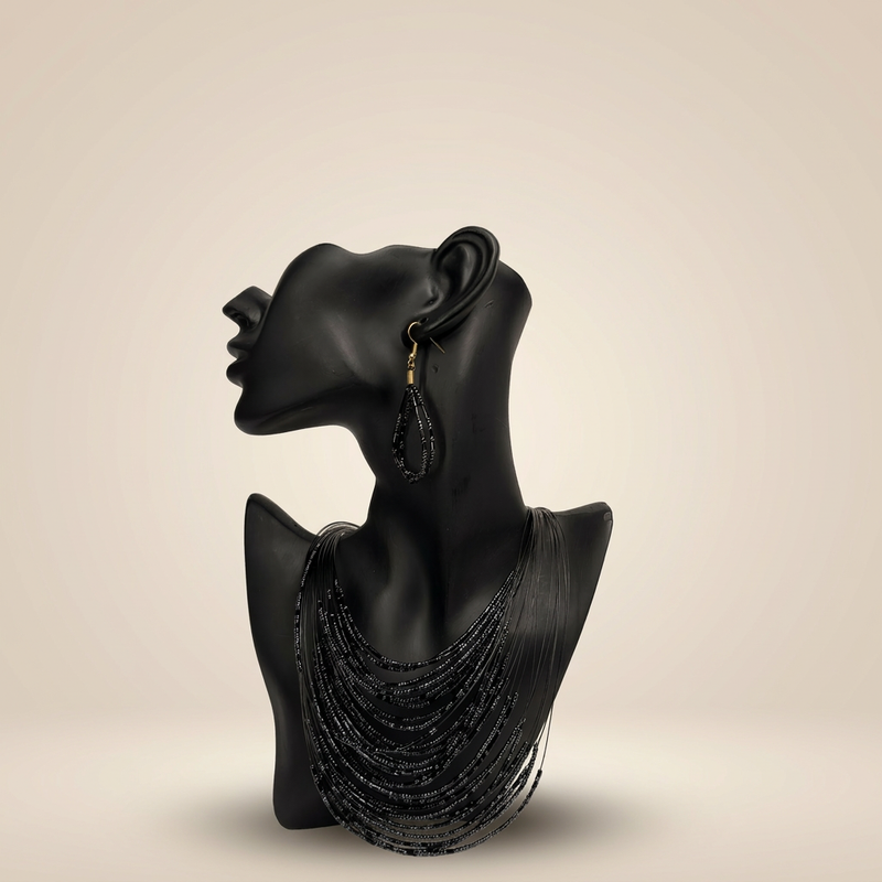 Black Seed Bead Cascade Necklace & Earring Set - Image 1