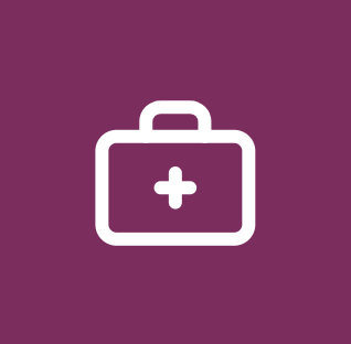 White first aid kit icon with a cross on a purple background