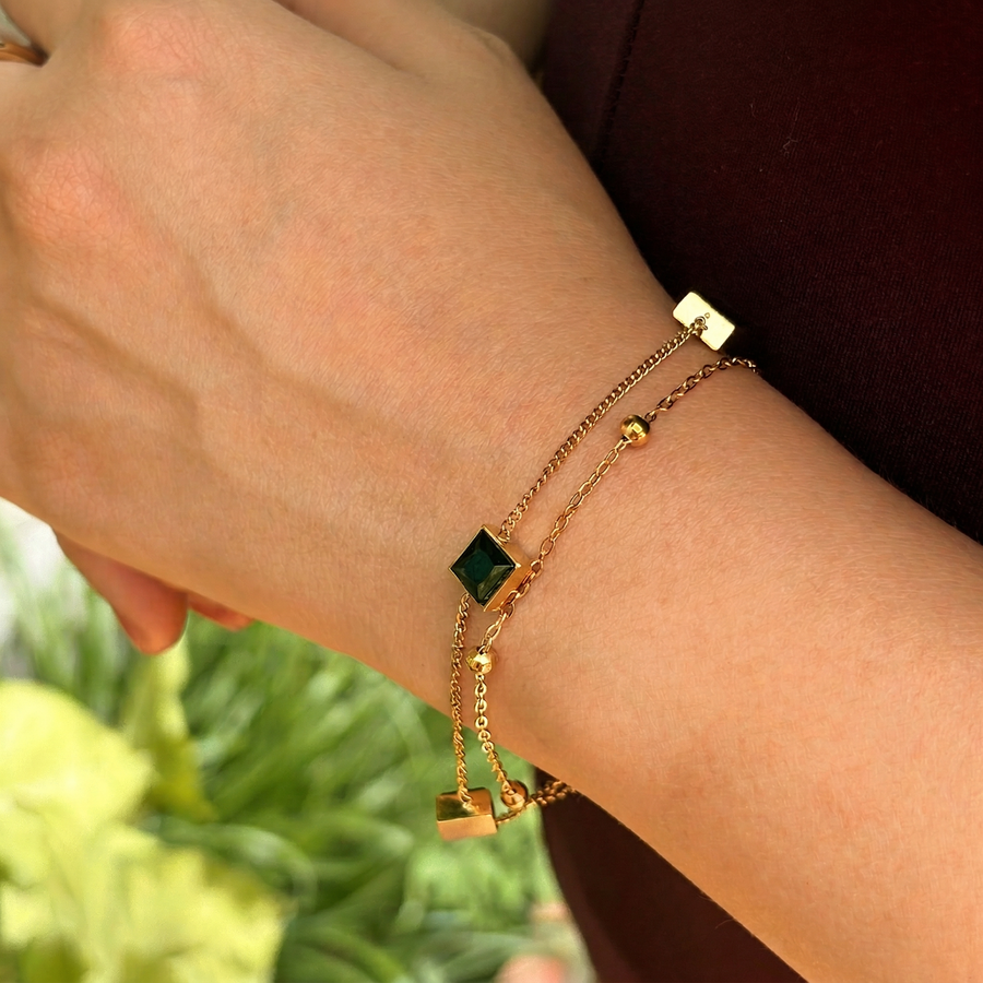 Emerald Rectangle Double Chain Bracelet - Image 2