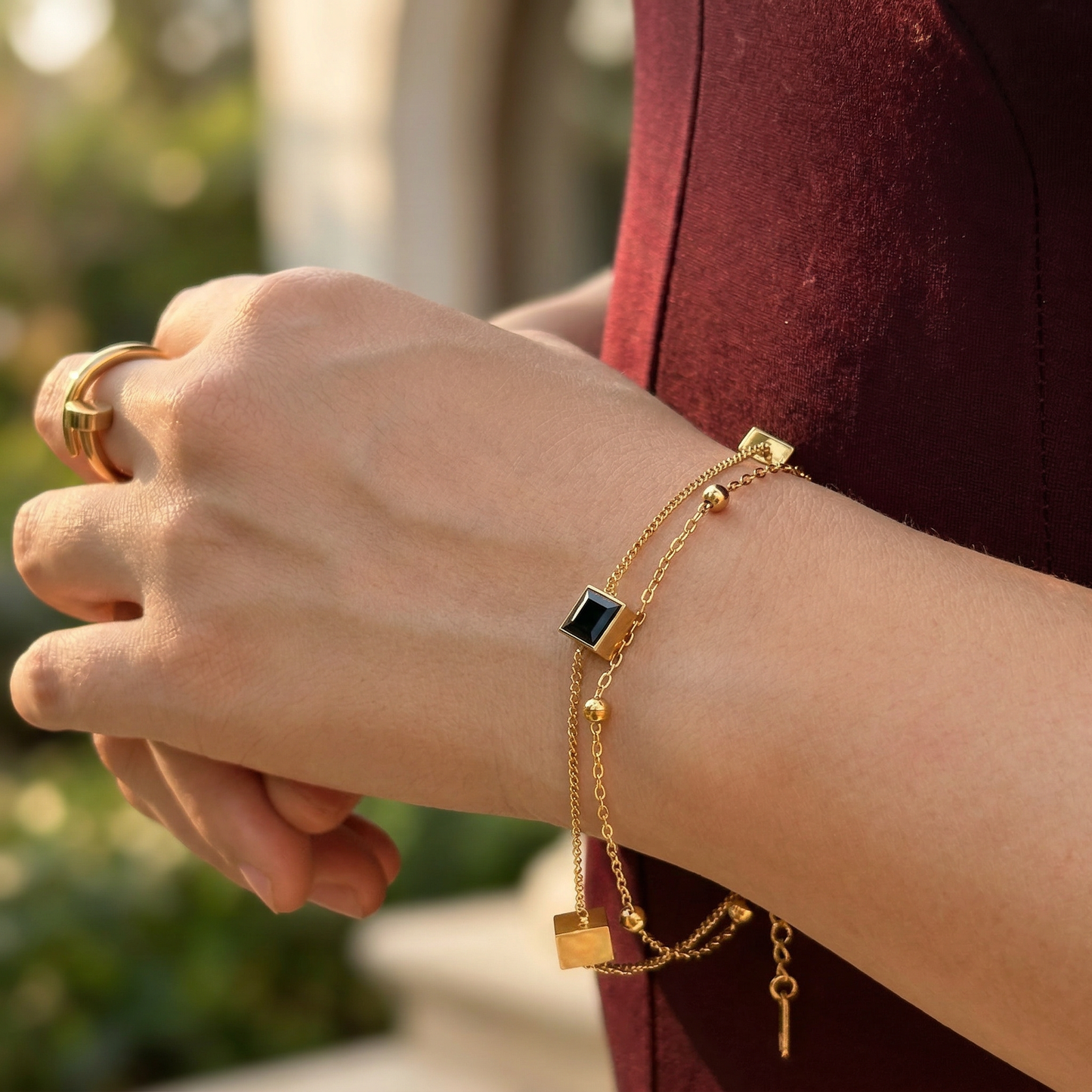 Gold & Black Onyx Double Chain Bracelet - Image 1