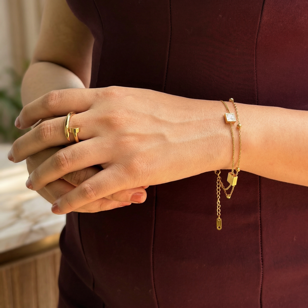 Gold Crystal Solitaire Chain Bracelet - Image 2
