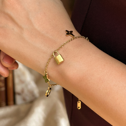 Gold Lock & Flower Charm Bracelet - Image 2