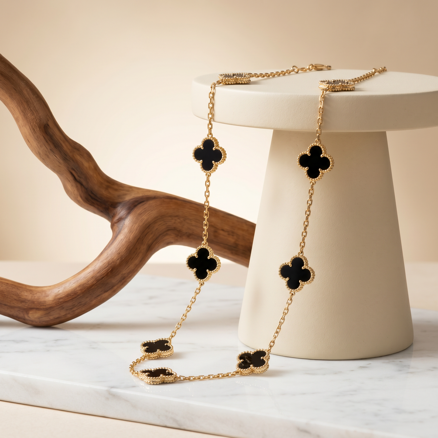 Black Onyx Clover Station Necklace