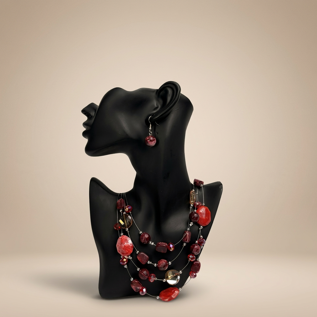 Red Stone Multi-Strand Necklace & Earring Set - Image 1