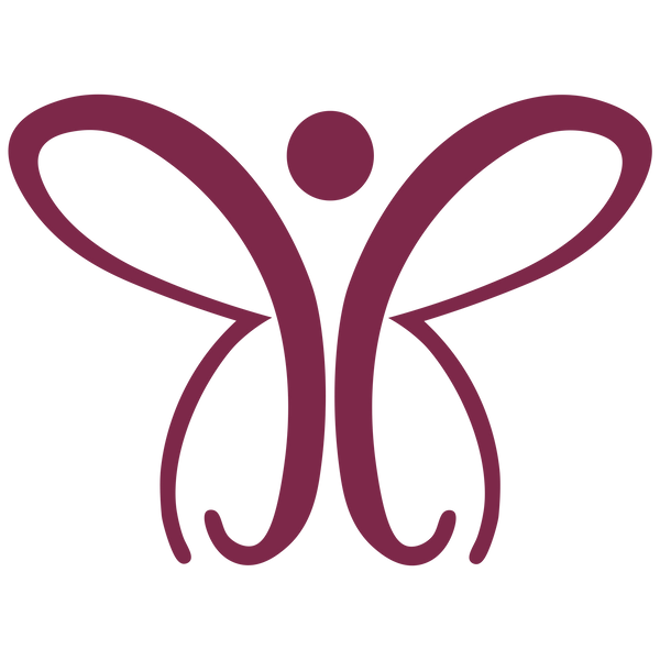 Maroon butterfly logo on a white background