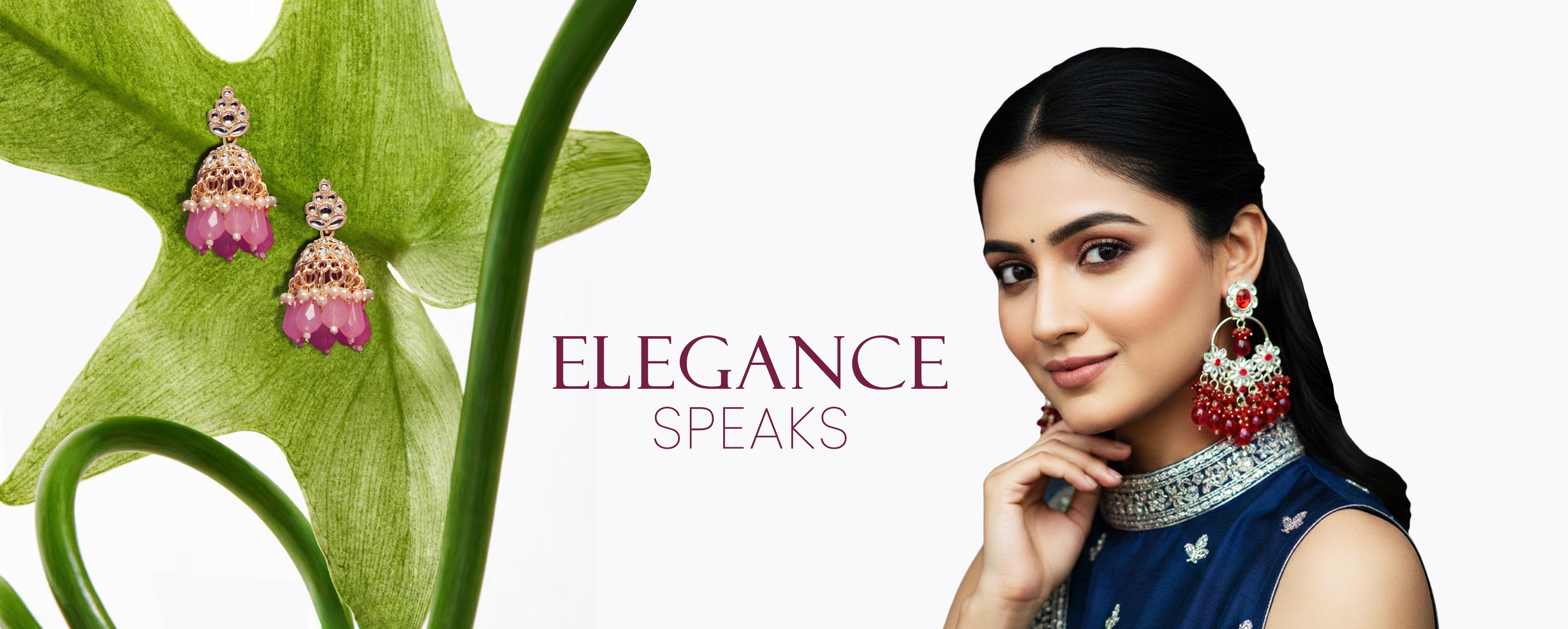 Woman wearing earrings with a green leaf and 'Elegance Speaks' text